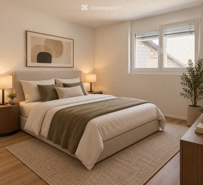Modern bedroom with a large bed, nightstands, lamps, and a potted plant near the window.