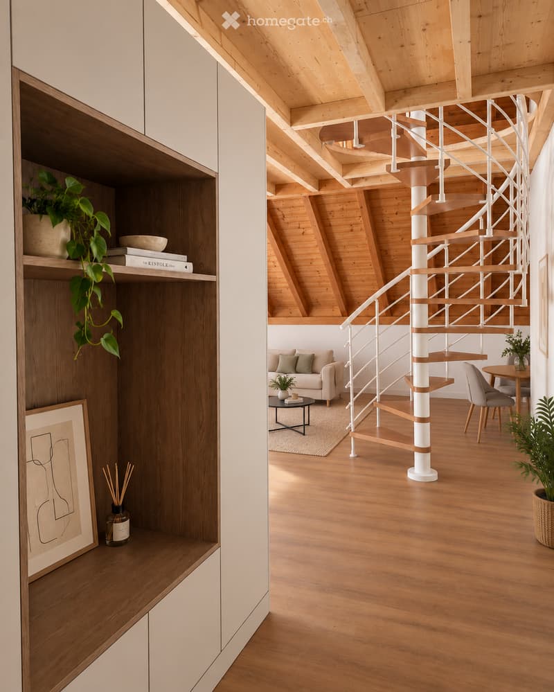 Modern living room with wooden floors, a curved staircase, a sofa, coffee table, dining area, and decorative shelves.