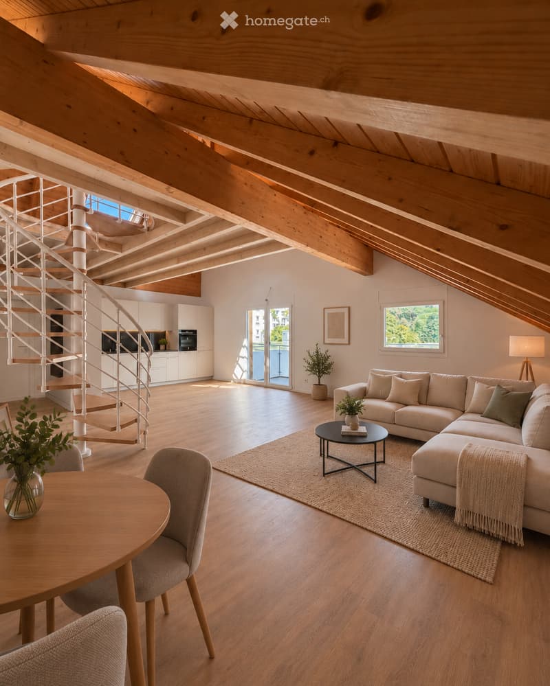 Open-concept living and dining area with exposed wooden beams, a curved staircase, a sectional sofa, a coffee table, a dining table with chairs, and a small kitchen area with cabinets and an oven.