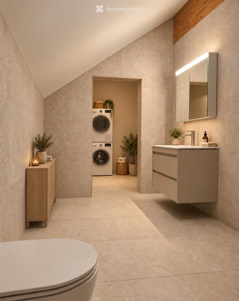 Modern bathroom with a toilet, sink, mirror, and a private washing machine in an adjacent space. Features include a sleek vanity cabinet, a built-in mirror with lighting, and decorative plants.