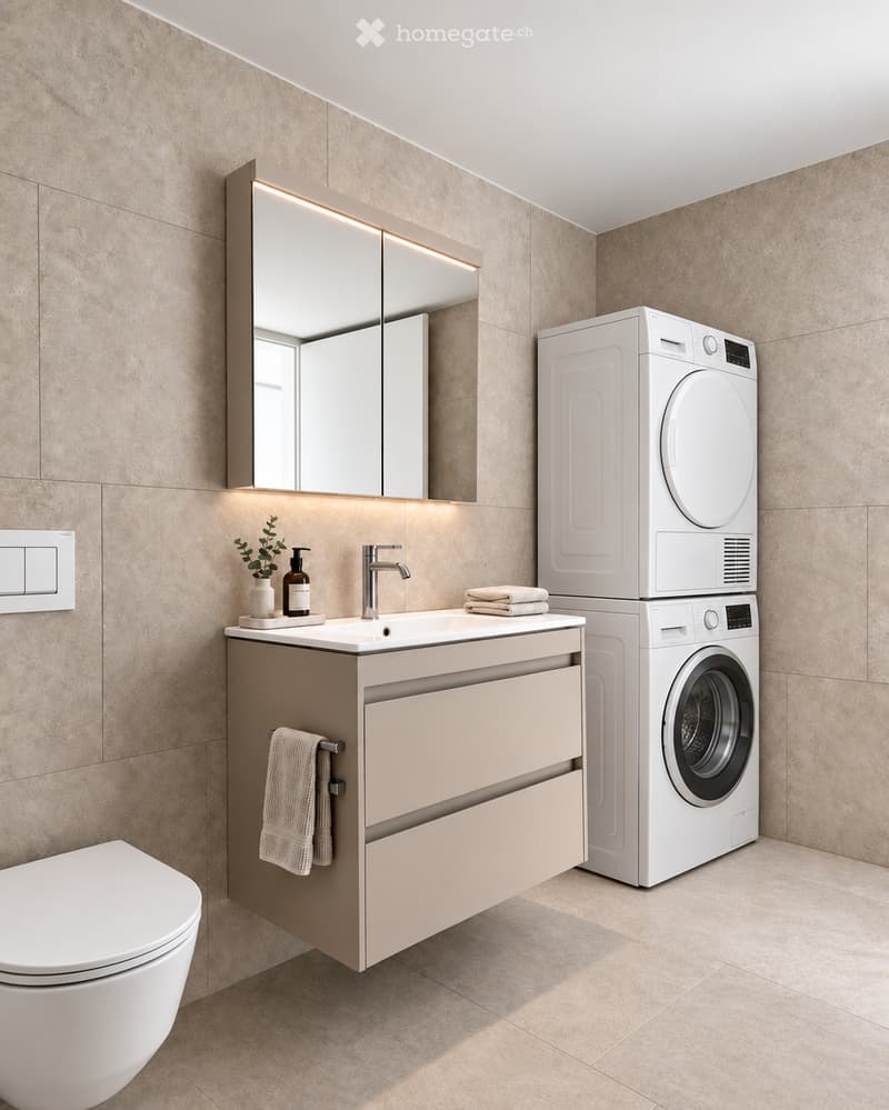 Modern bathroom with beige tiles, a floating vanity with a sink, a mirror with built-in lighting, a toilet, and stacked white washing machine and dryer.