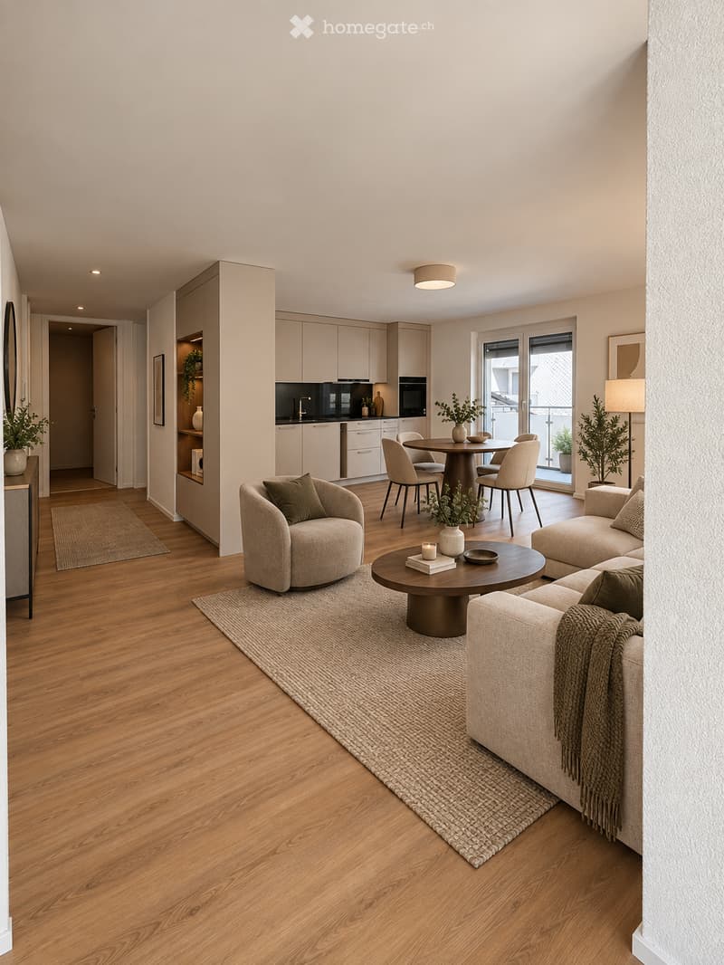 Modern open-plan living and dining area with light wood flooring, a beige sofa, armchair, coffee table, dining table with chairs, and a sleek kitchen area with cabinets and appliances.