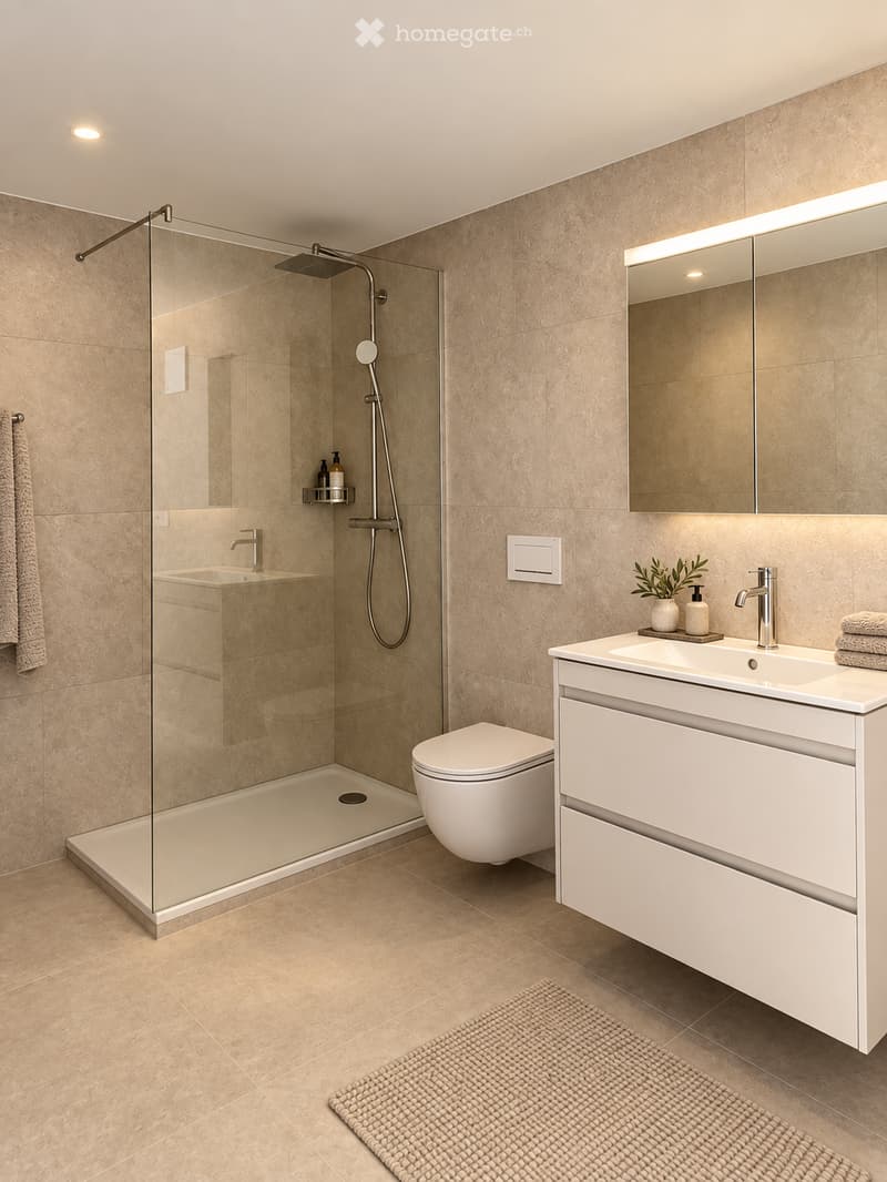 Modern bathroom with beige tiles, a glass-enclosed shower, a white sink with a mirror, a toilet, and a towel on the wall.