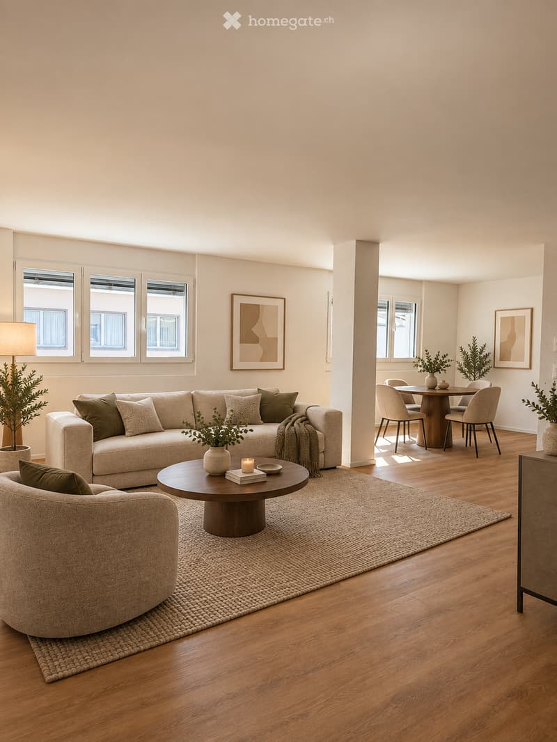 Modern living room with a large sectional sofa, coffee table, armchair, dining area with table and chairs, floor lamp, and decorative plants.