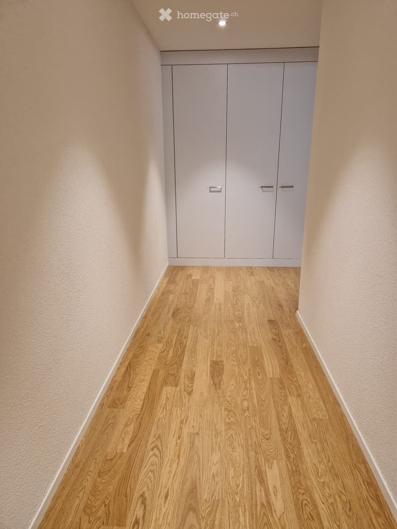 A clean, modern hallway with light wooden flooring and grey built-in storage cabinets, featuring a sleek and minimalist design.