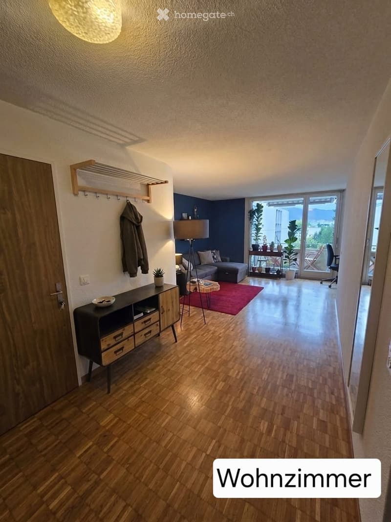 Modern living room with wooden flooring, a grey sectional sofa, a coffee table, a floor lamp, a small table with a plant, a cabinet with drawers, and a coat rack with a jacket. Large windows and a balcony are visible.