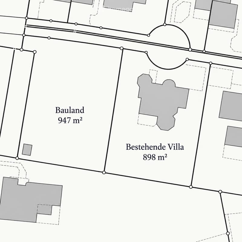 Floor plan showing a plot of land (947 m²) and an existing villa (898 m²).
