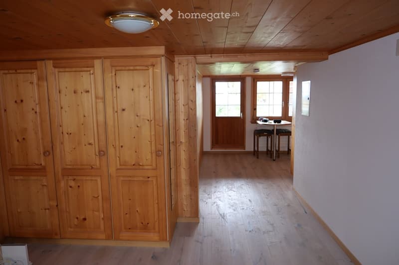 Wooden hallway with light wooden flooring, wooden ceiling, and built-in wooden cabinetry on one side. Natural light enters from windows at the end of the hallway.