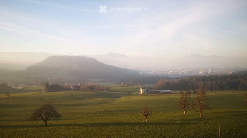 A peaceful rural landscape with green fields, scattered trees, and distant mountains under a soft, hazy sky. Small farmhouses and structures are visible in the distance.