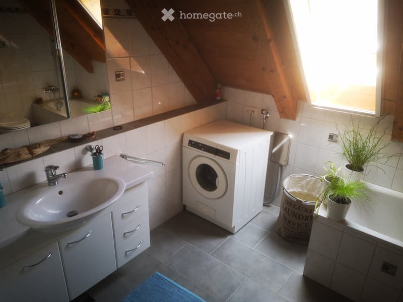 Bathroom with a sink, washing machine, mirror, and plants on the windowsill. The room features wooden beams on the ceiling and tiled walls.