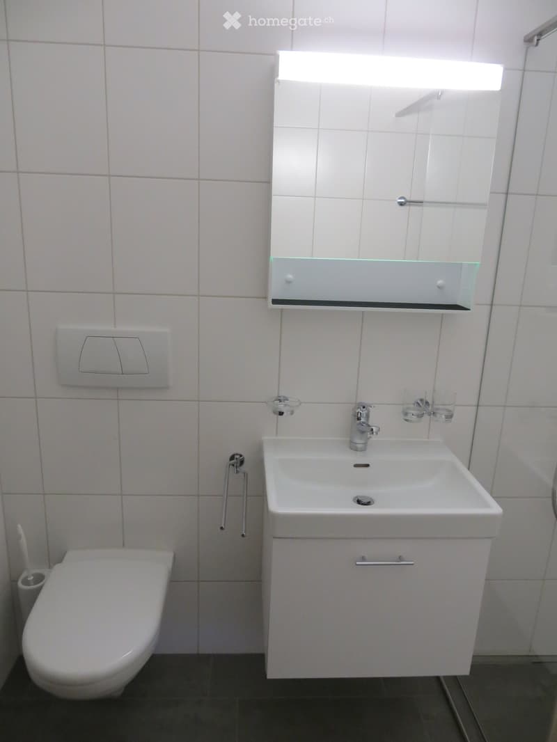 Modern bathroom with white tiles, a sink with a modern faucet, a mirror with built-in storage, and a toilet. The sink has a sleek design with a chrome faucet and a small cabinet underneath.