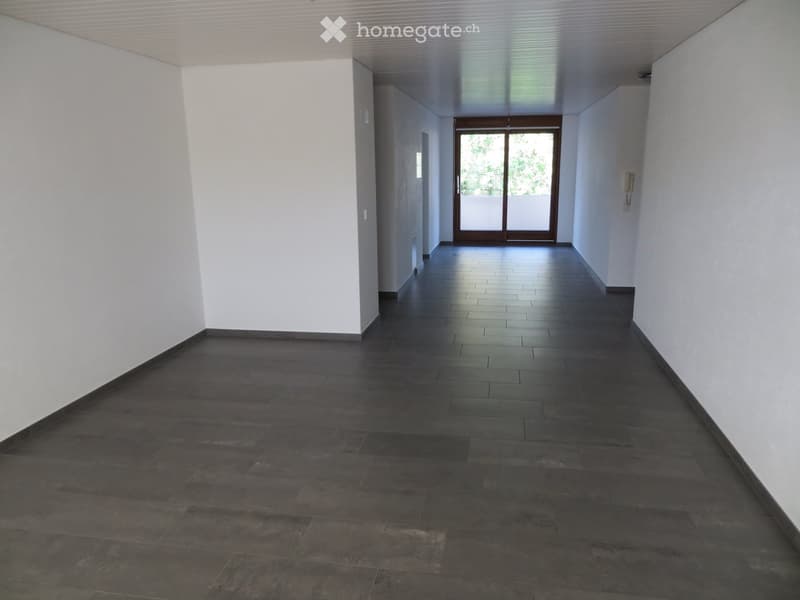 Empty hallway with dark tiled flooring, white walls, and a glass door at the end leading outside.