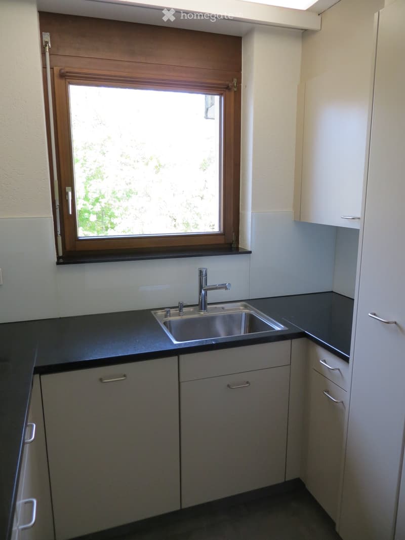 Modern kitchen with white cabinets, black countertops, and a stainless steel sink under a window.