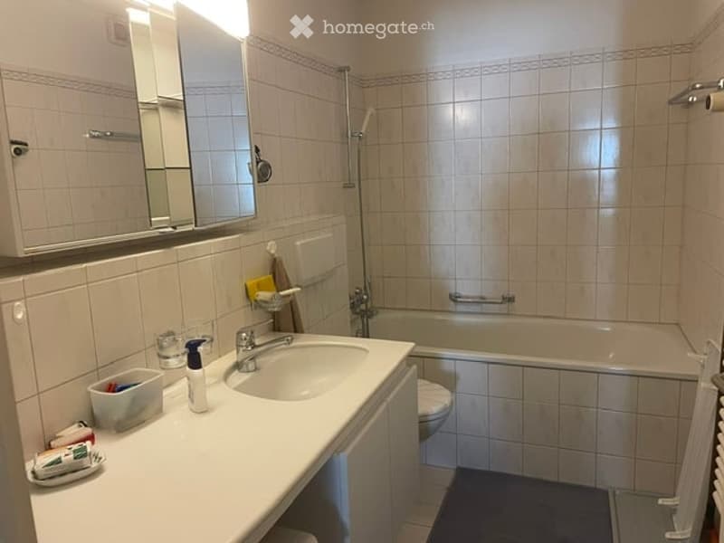 Bathroom with a sink, mirror, bathtub, and toilet. The walls are tiled, and there is a towel rack and a small cabinet.