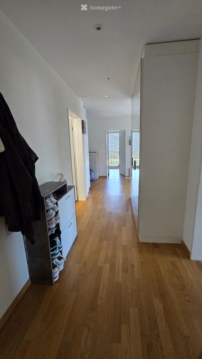A long, narrow hallway with wooden flooring, white walls, and recessed ceiling lighting. A shoe rack with multiple pairs of shoes is visible on the left side, and a coat hangs on the wall. The hallway leads to an open area with large windows and a view of