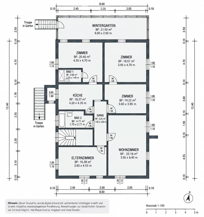 Floor plan of a house with multiple rooms including a winter garden, living room, bedrooms, bathrooms, and kitchen. Dimensions and floor areas are labeled for each room.