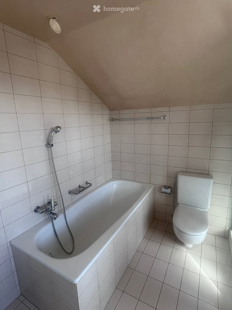 Modern bathroom with a bathtub, toilet, and showerhead, featuring tiled walls and floor.