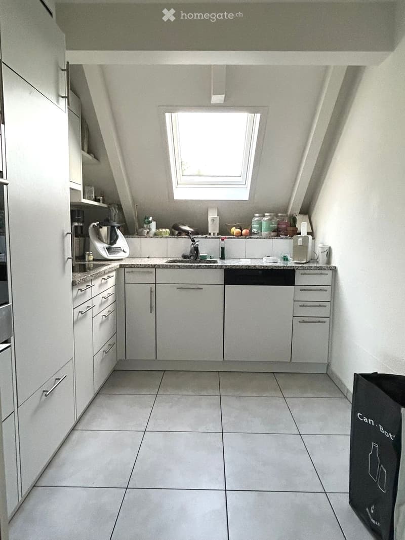 Modern kitchen with white cabinets, granite countertops, and a skylight window above the sink. Includes a blender, sink, and dishwasher.