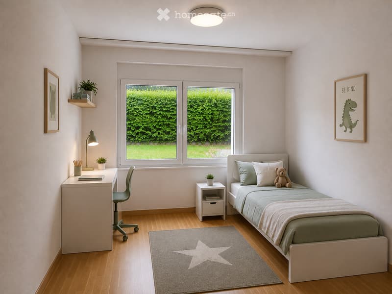 Cozy bedroom with a single bed, desk, chair, nightstand, and decorative items including a framed picture and a plant. The room features wooden flooring and large windows with a view of greenery.