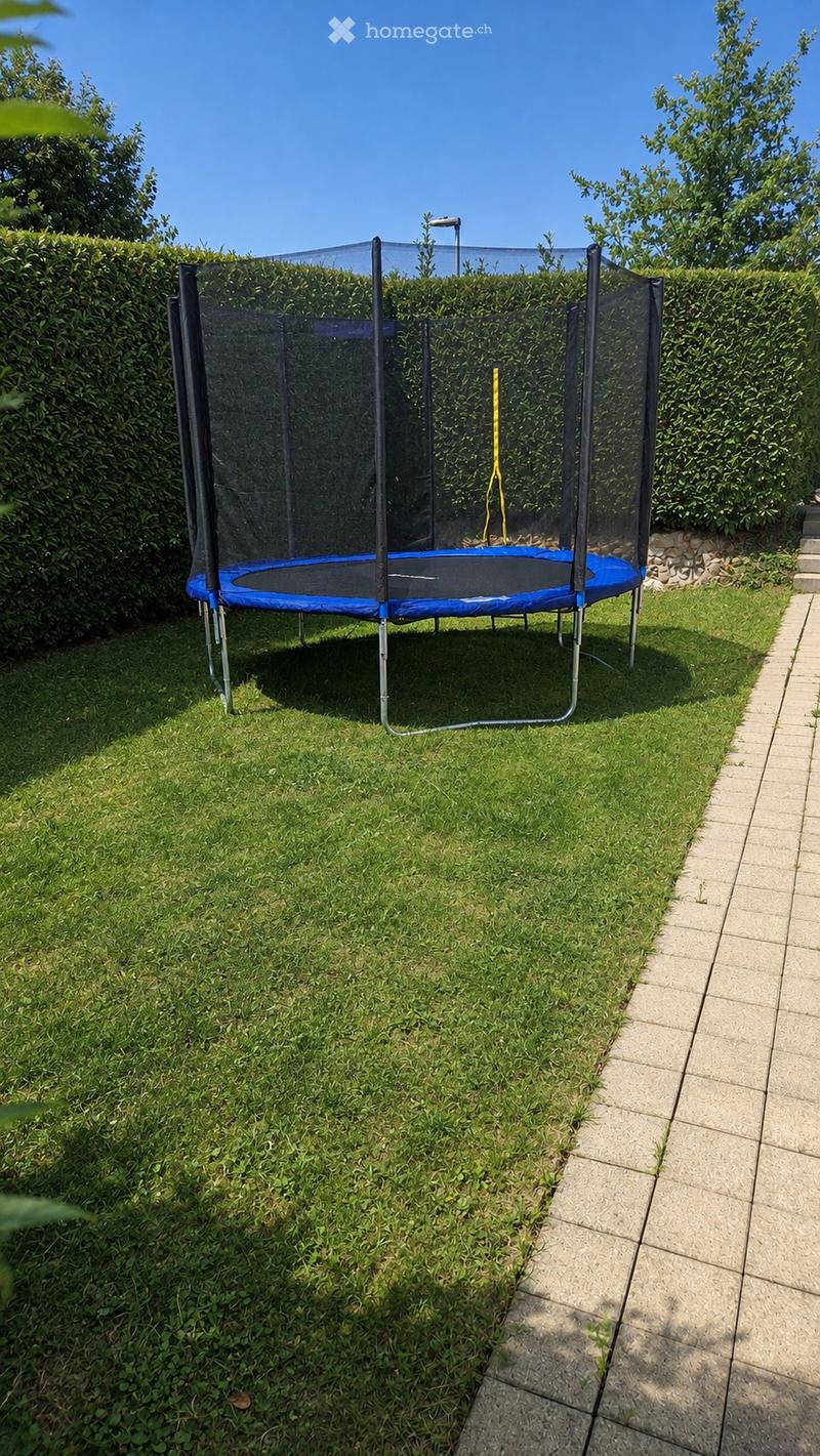 A well-maintained garden with a trampoline, surrounded by neatly trimmed hedges and a paved pathway.