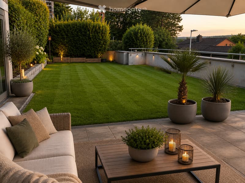 Well-maintained garden with neatly trimmed lawn, potted plants, and outdoor seating area featuring a sofa, coffee table, and decorative candles.