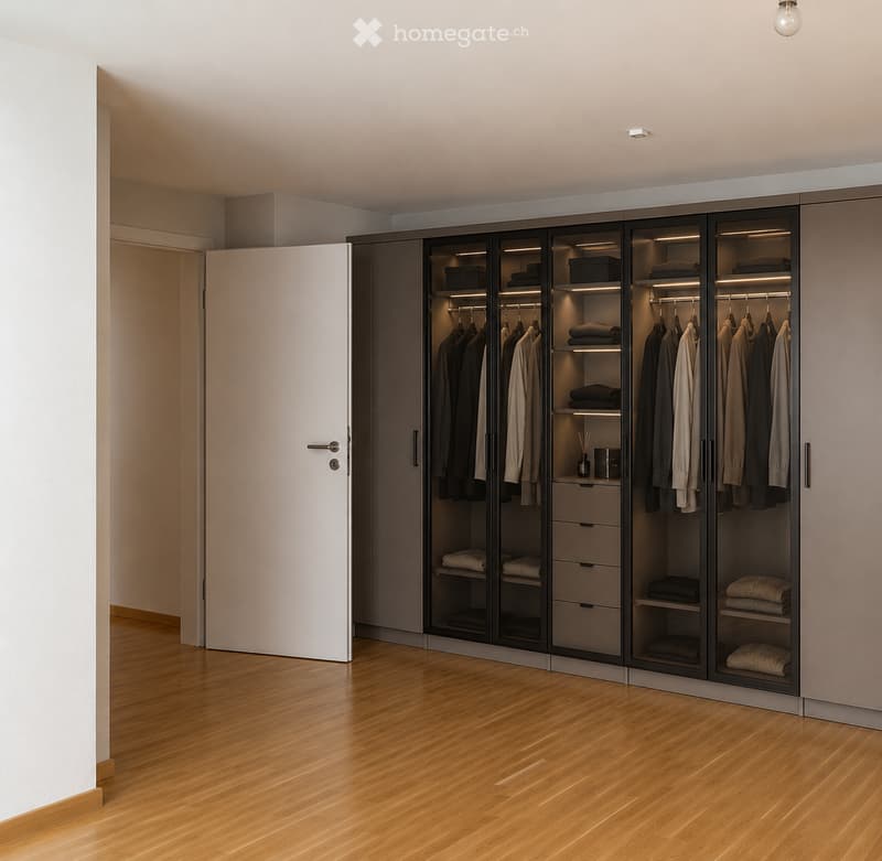 Modern, minimalist walk-in closet with sleek, dark-toned wardrobe units, glass-fronted sections, and built-in storage drawers. The space features a polished wooden floor and soft, integrated lighting.