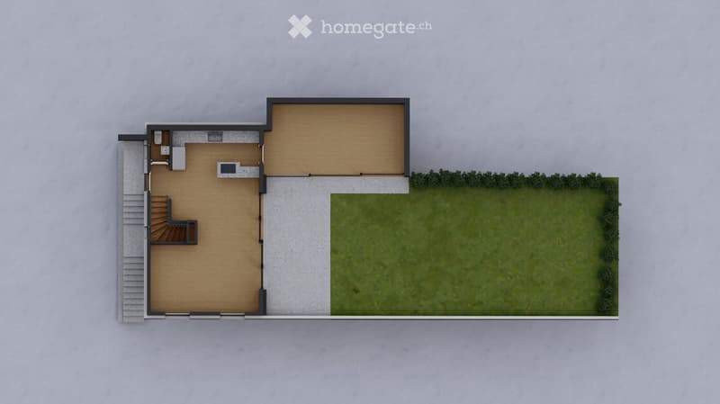 Top-down floor plan of a house with a living area, small bedroom, staircase leading to an upper level, and a spacious outdoor garden area.