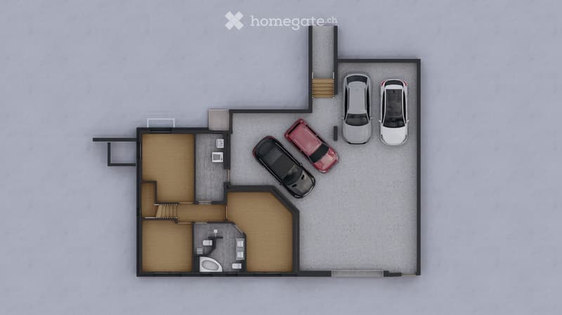 Top-down floor plan of a house with a living room, kitchen, two bedrooms, two bathrooms, and a parking area for four cars.