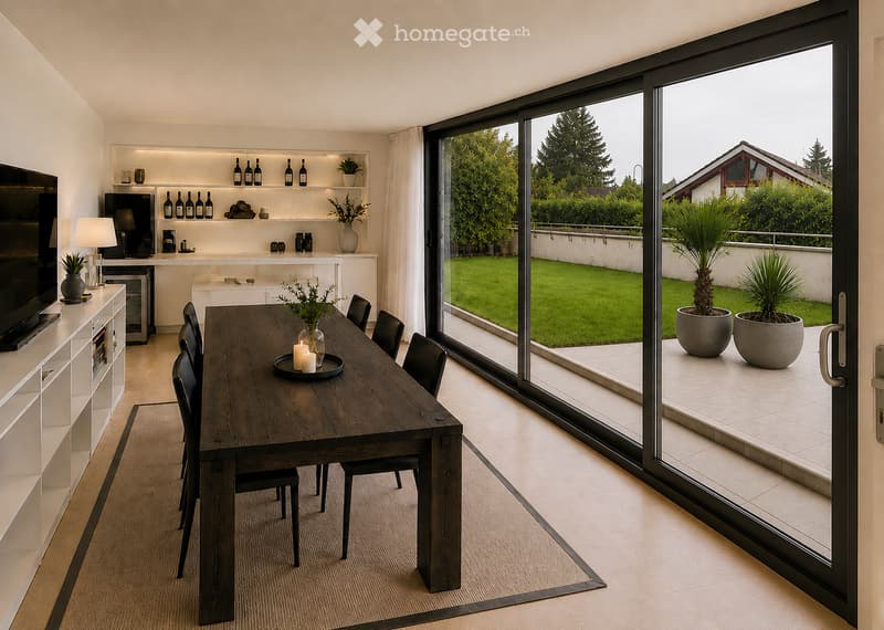 Modern dining area with a wooden dining table, six chairs, a TV, a lamp, and a bar area with bottles and a refrigerator. Large sliding glass doors open to a garden view.