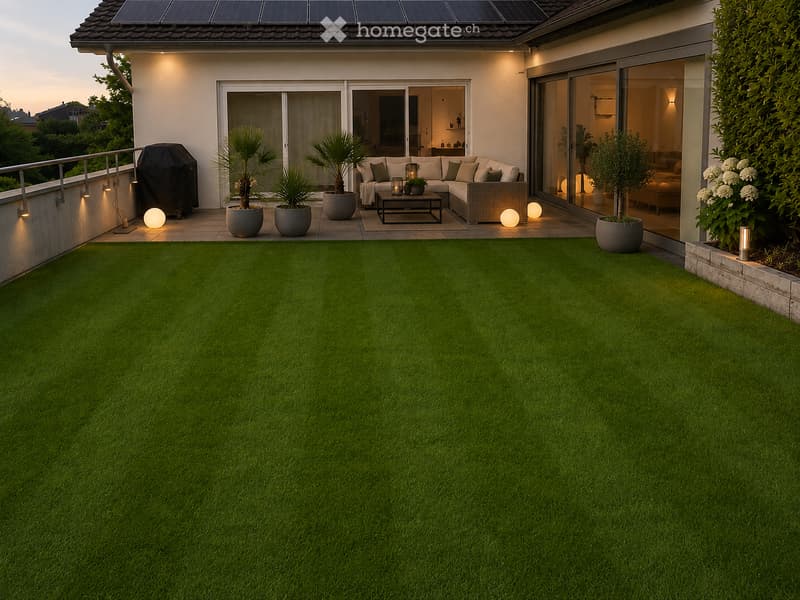 Well-maintained lawn with artificial grass, surrounded by potted plants and outdoor seating area with sofa and coffee table. Solar panels on the roof and ambient lighting.