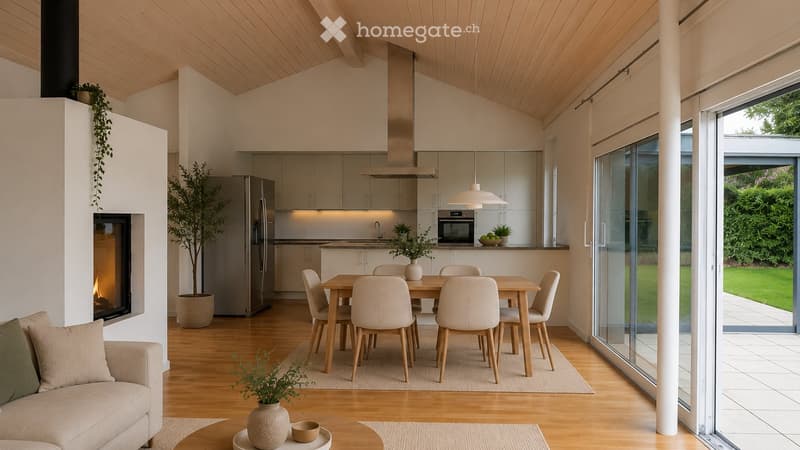Open-plan living and dining area with a fireplace, sofa, coffee table, dining table with chairs, and a modern kitchen with stainless steel appliances.