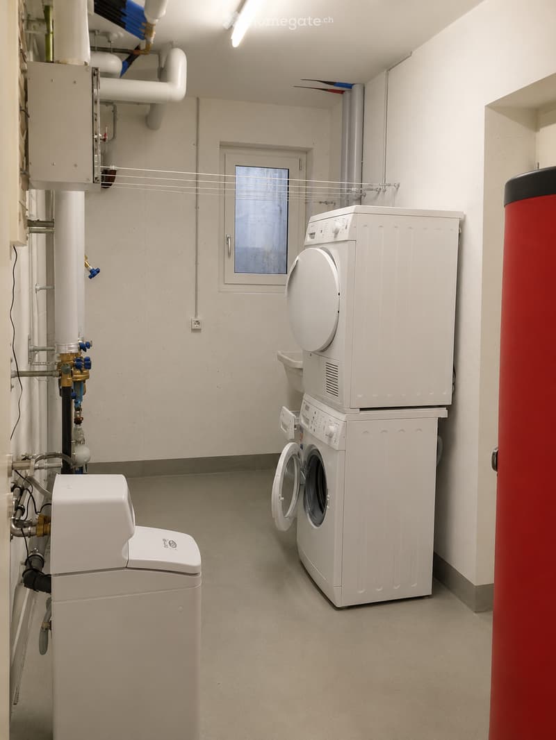 Modern utility room with white washing machine, dishwasher, water heater, and visible plumbing.
