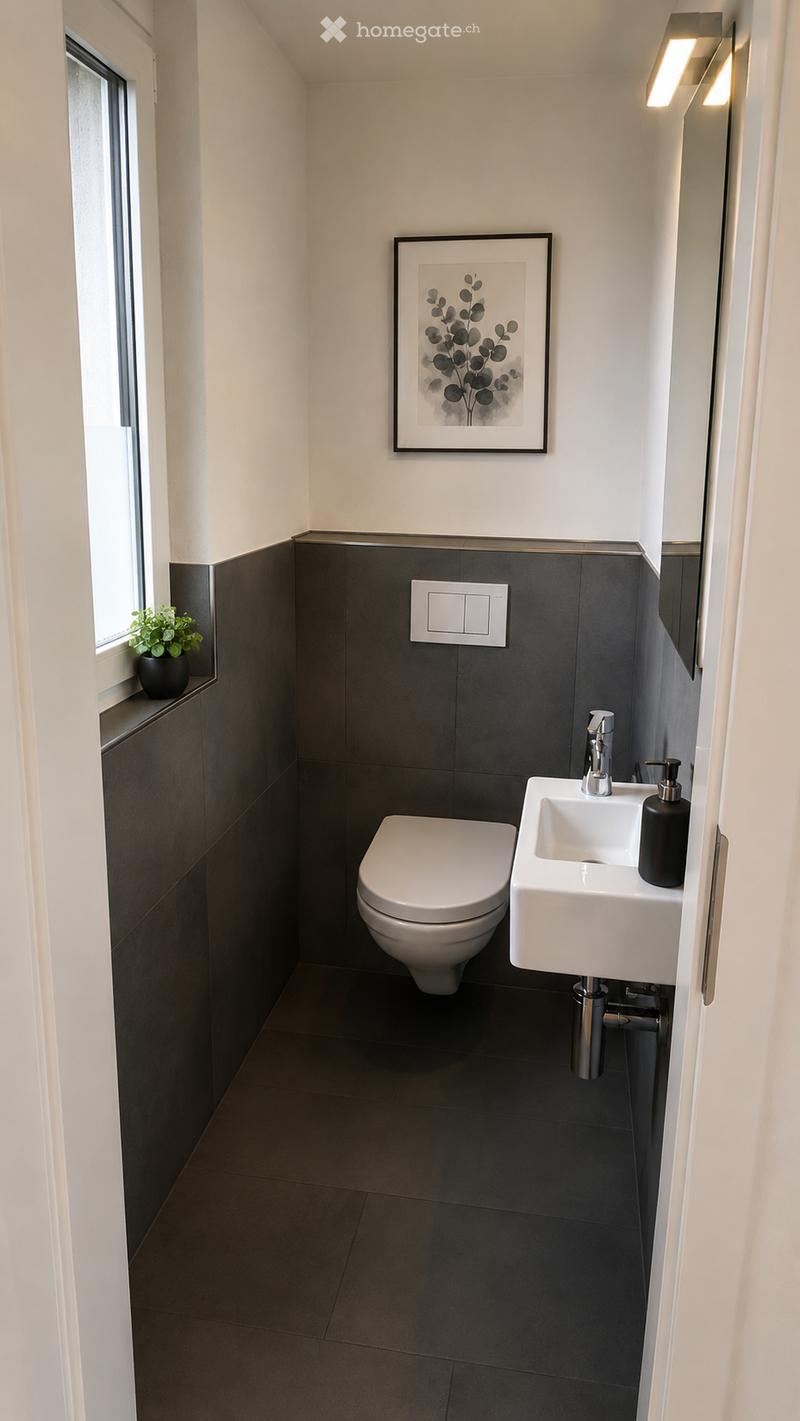 Modern bathroom with dark grey tiles, white toilet, white sink, chrome faucet, soap dispenser, and a small plant on the windowsill.