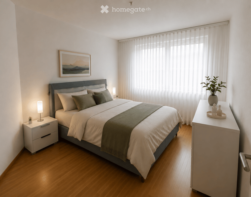 Modern bedroom with a large bed, nightstands, lamps, a plant, and a picture frame on the wall.