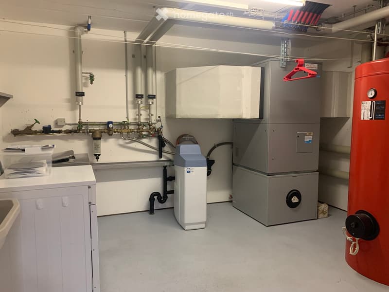 Utility room with water softener, boiler, washing machine, and various pipes and valves.