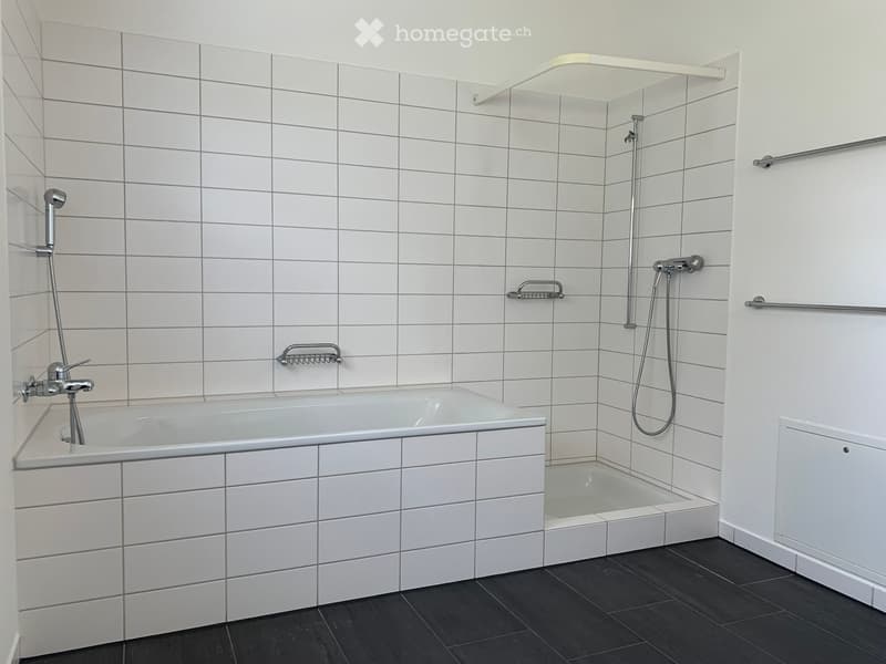 Modern bathroom with white tiled walls and black tiled floor, featuring a bathtub, shower area, and handrails for accessibility.