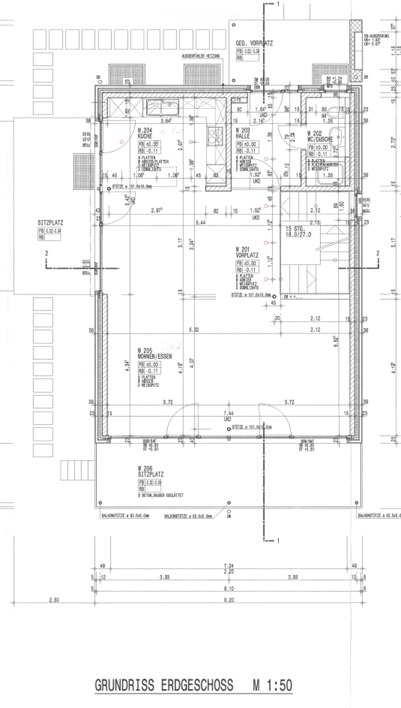 Ground floor plan of a building showing multiple rooms, including a kitchen, living room, bedrooms, and bathrooms, with labeled dimensions and room numbers.