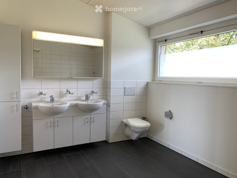 Modern bathroom with double sink, large mirror, toilet, and built-in cabinets. Dark tiled floor and white tiled walls.