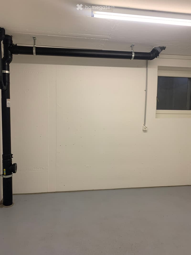 Empty room with white walls, grey concrete floor, black pipe, small window, and fluorescent light fixture on the ceiling.