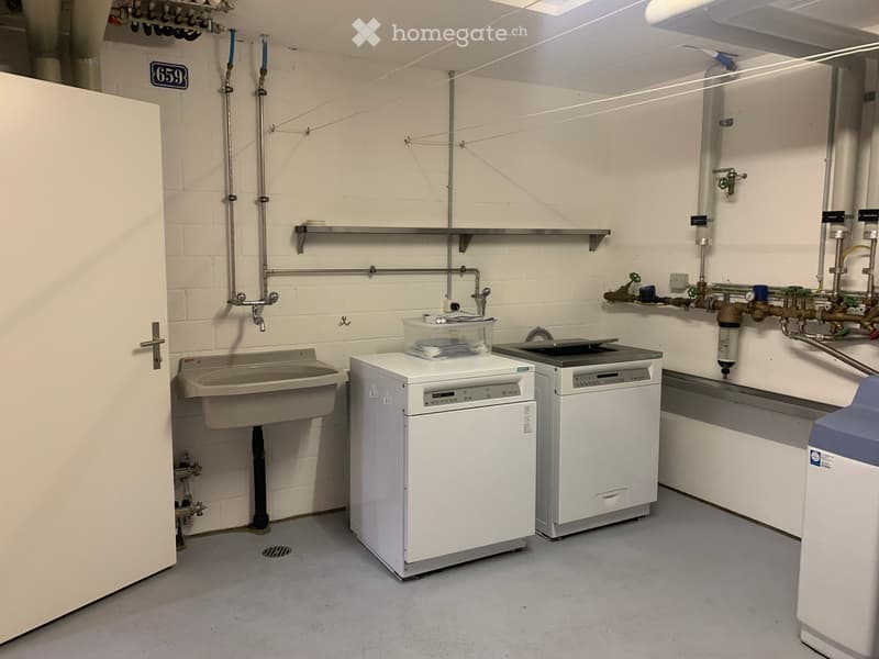 Utility bathroom with a sink, washing machine, dishwasher, and shelves for storage.