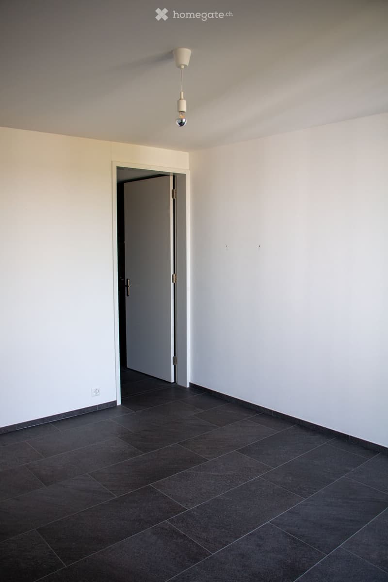 Empty room with dark tiled floor, white walls, and a single hanging light fixture. A closed door is visible in the background.