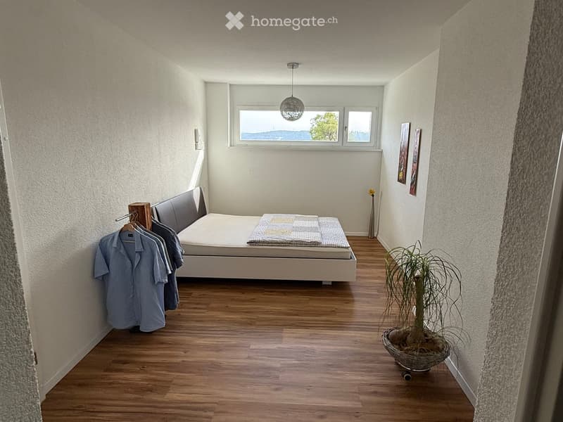 A small, modern bedroom with a white bed, quilt, wooden floor, and a potted plant near the window. Clothes hang on a rack, and artwork adorns the walls.