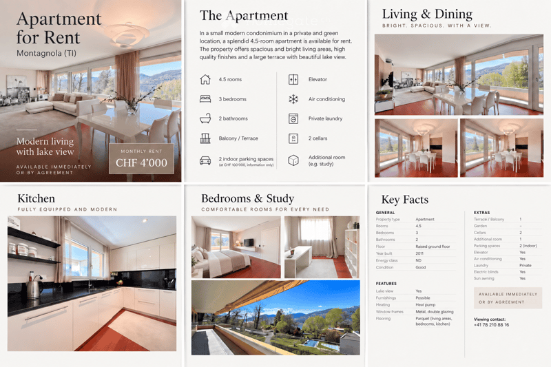 Floor plan of a 4.5-room apartment with 3 bedrooms, 2 bathrooms, living and dining area, kitchen, balcony, and study. Features include elevator, air conditioning, private laundry, and parking spaces.
