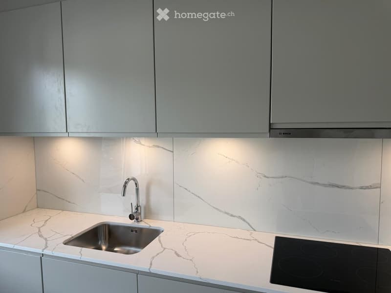 Modern kitchen with marble countertops, stainless steel sink, and built-in induction cooktop.