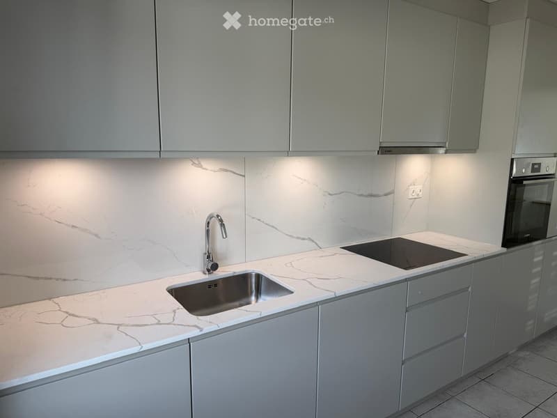 Modern kitchen with white marble countertops, stainless steel sink, and built-in oven.