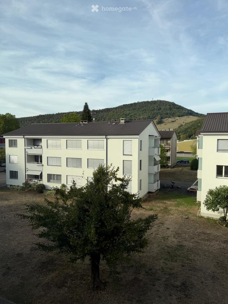 A multi-story residential building with white walls, multiple windows, and balconies, surrounded by greenery and a hill in the background.