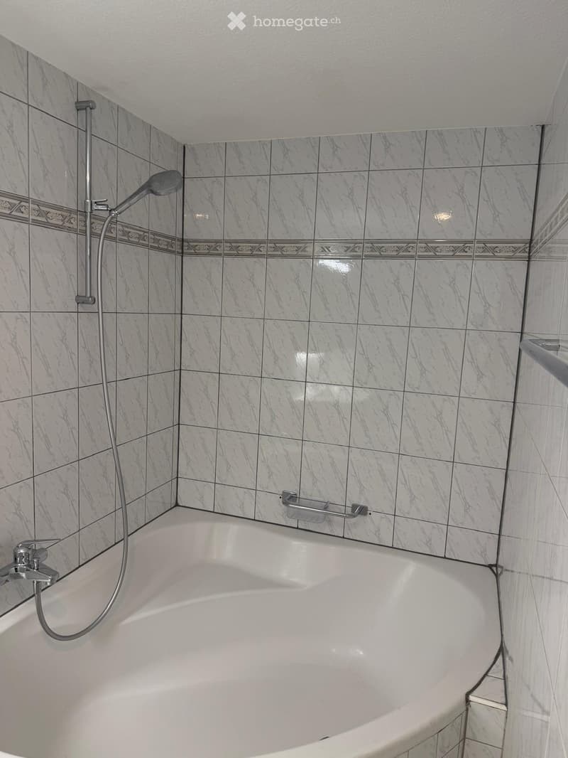Bathtub with modern showerhead and faucet, surrounded by marble tiles and a decorative border.