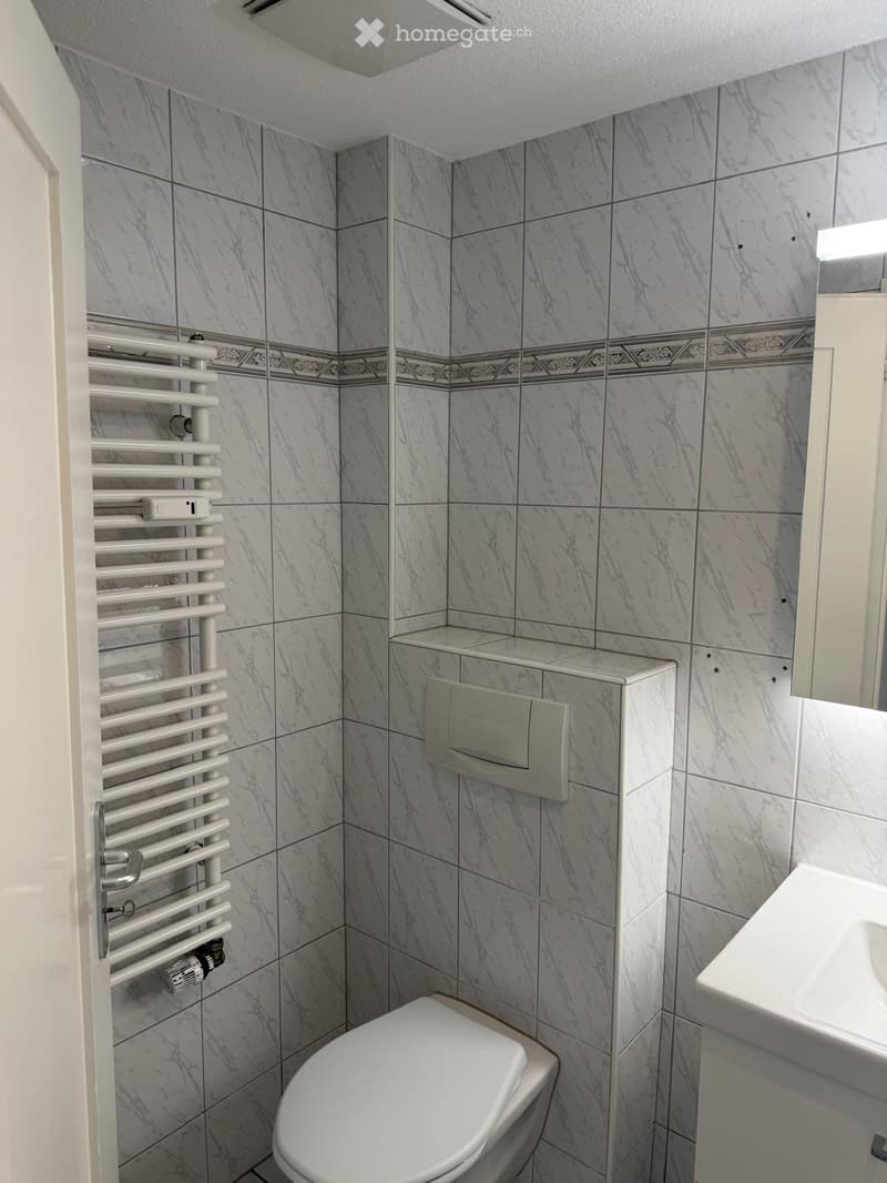 Modern bathroom with marble tiles, a toilet, a sink, and a radiator on the wall.