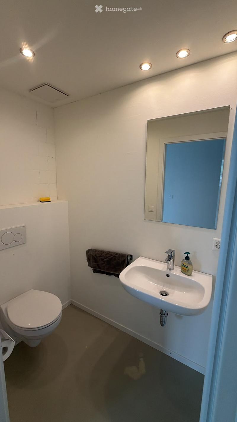 Compact bathroom with a toilet, sink, mirror, and towel. Features a small window and modern lighting.