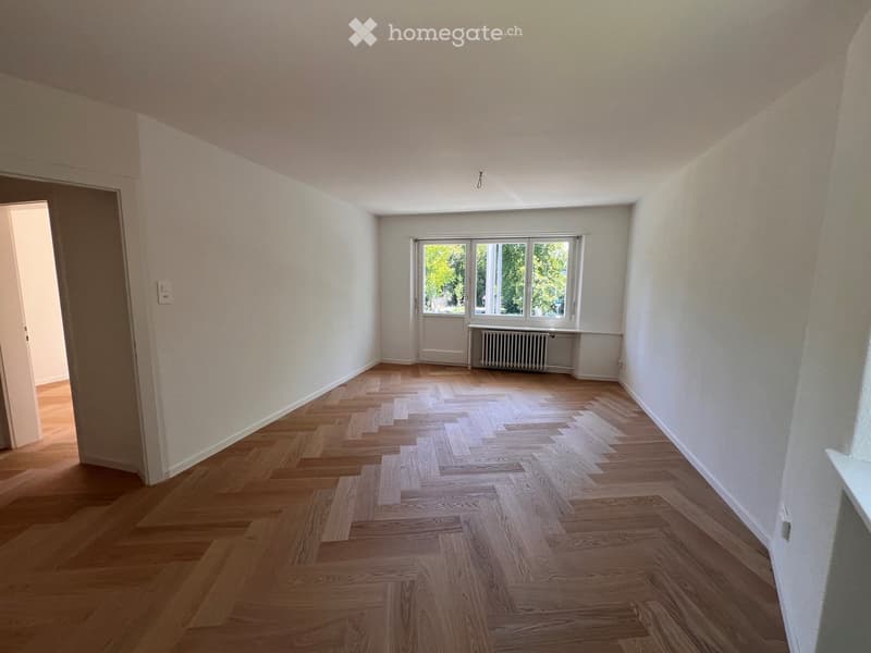 Empty room with light wooden herringbone flooring, white walls, and a large window with a radiator below it.